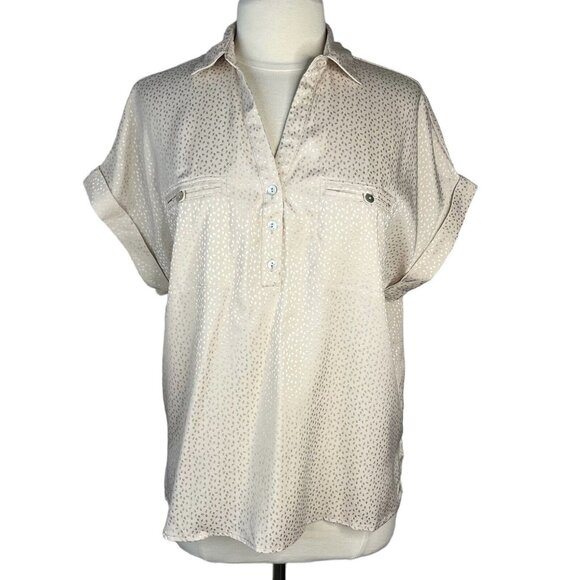 Promesa Womens Beige Satin Short Sleeve Blouse With Button Details Pocket - Picture 1 of 10